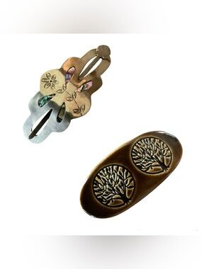 2 Hair Barrettes - Tree & Floral